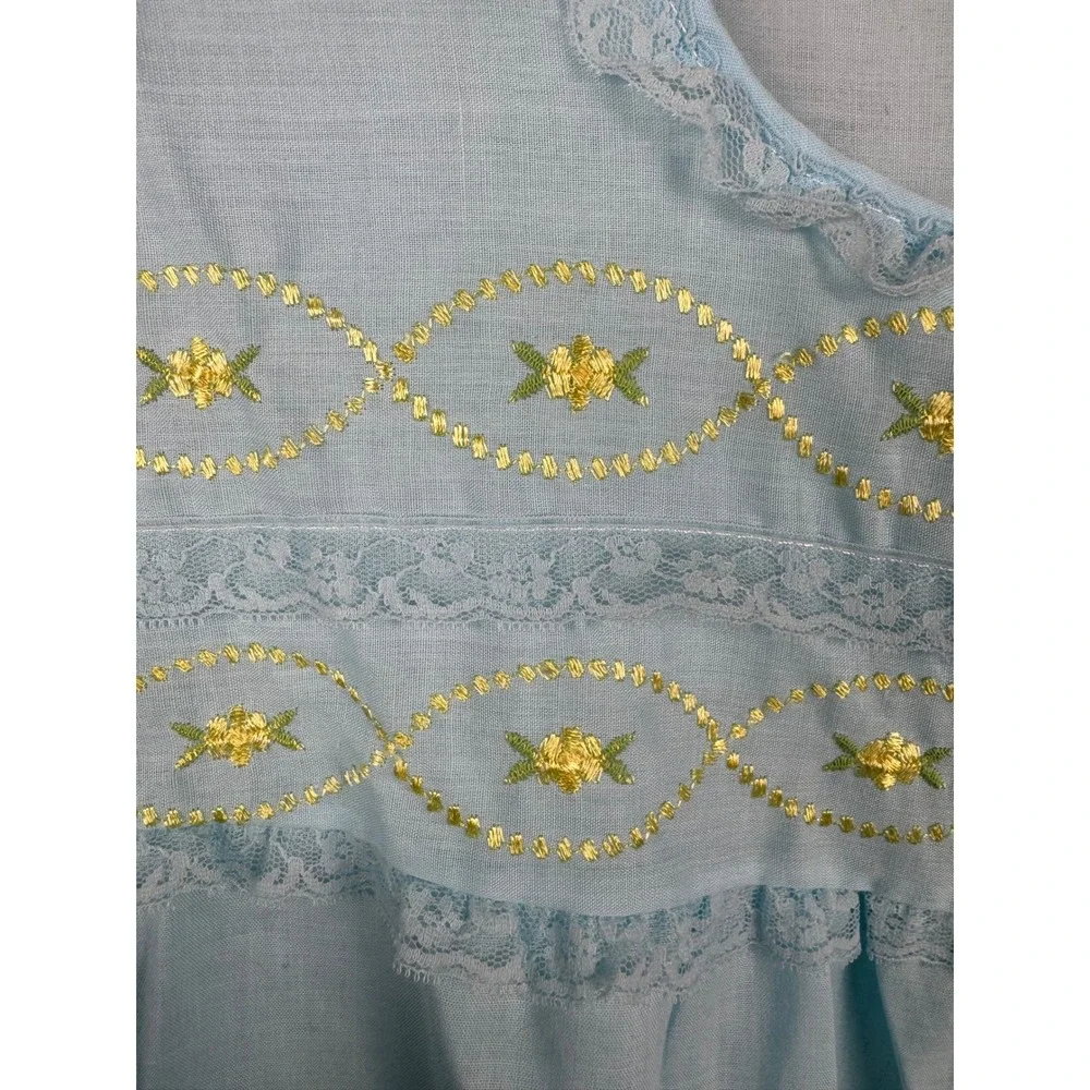 Vtg Katz Blue House Dress Embroidered Lace Puff‎ Sleeve Cottagecore Grannycore